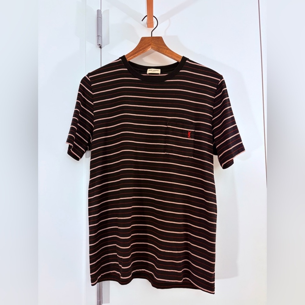 Saint Laurent Men's Black and Red Striped Tee